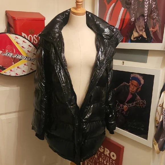 Zara Black Glossy Puffer Coat with High Collar - Picture 3 of 9